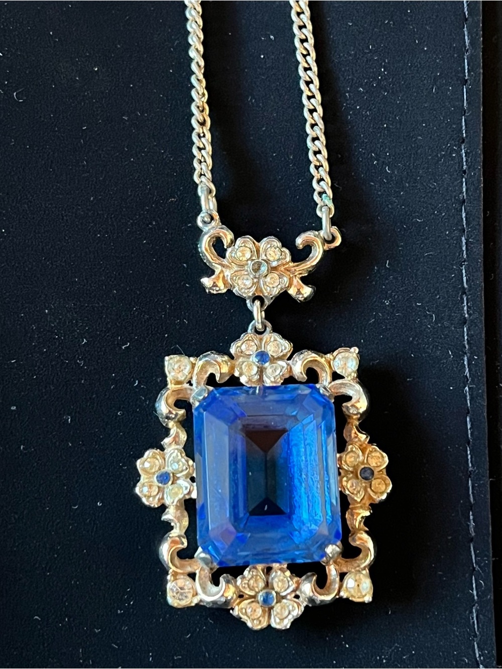 Vintage Baroque Blue Glass Silver Pendant Necklace- FREE ADD ON ITEM